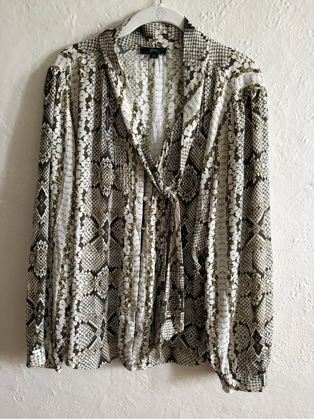 J. Crew Snake-Print Tie-Neck Blouse in White and Brown